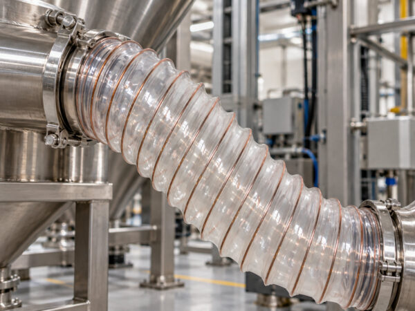 Tubo flessibile trasparente collegato a impianto industriale