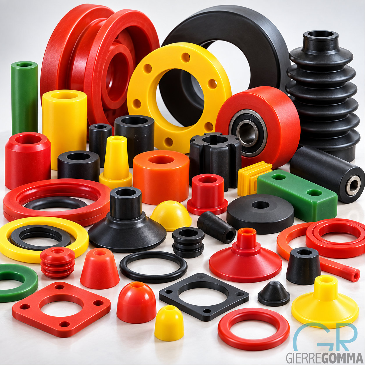 Assortimento di componenti industriali in gomma colorata
